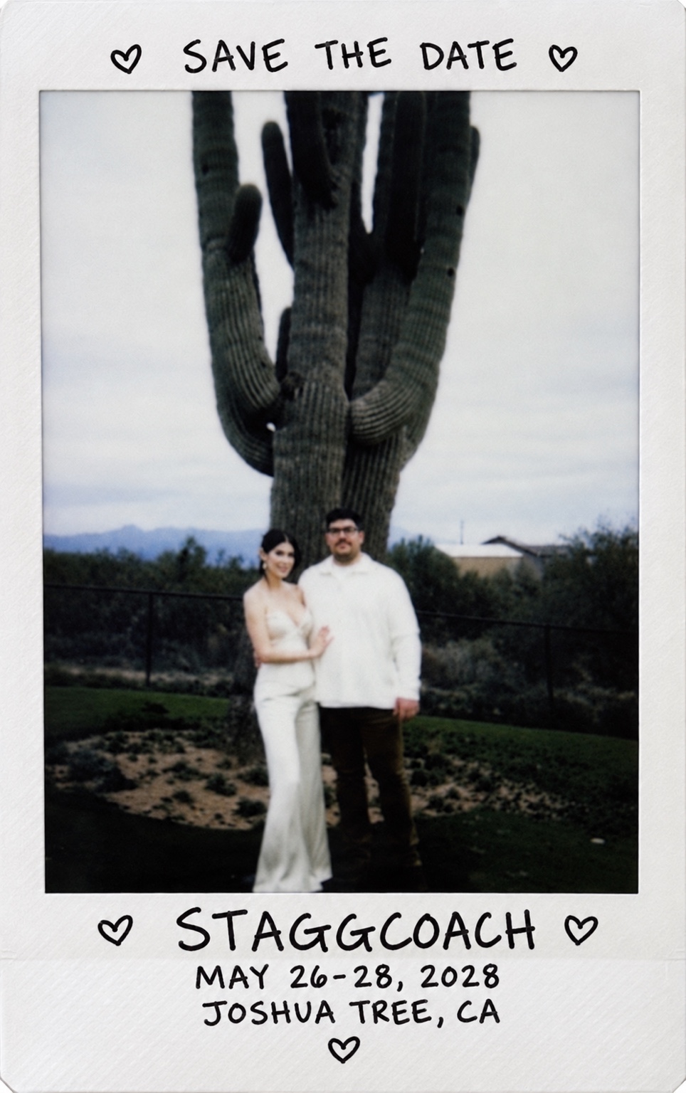 Ashley and James beneath a saguaro cactus on their handwritten Staggcoach Polaroid save the date